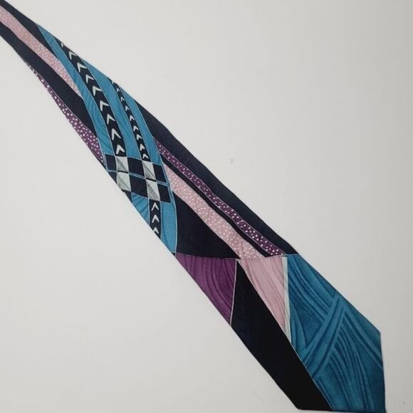 Vintage Pierre Balmain Couture Silk Electric Blue Black Geometric Necktie Funky - Picture 2 of 8